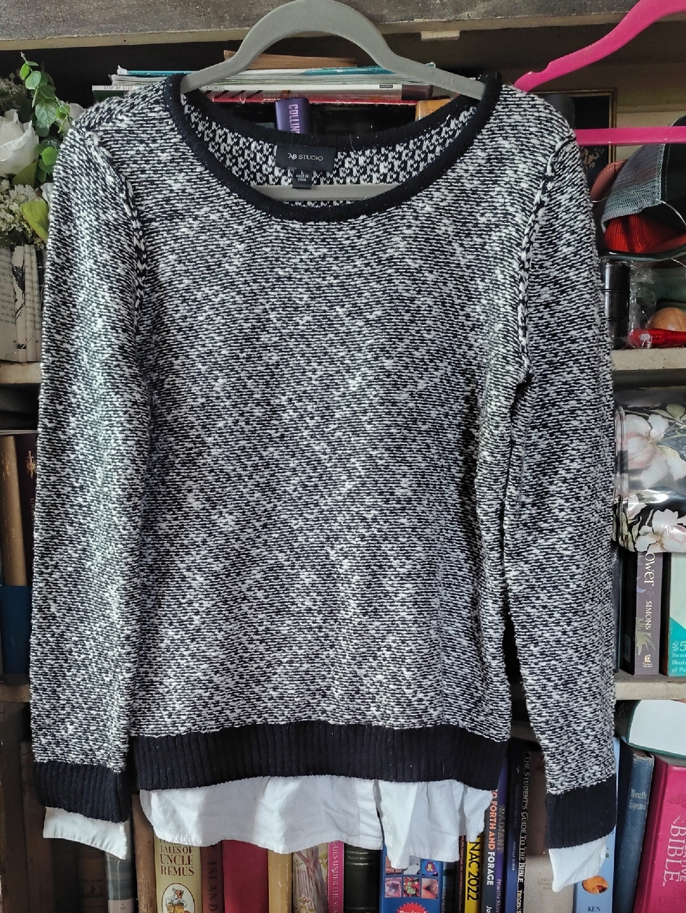 AB Studio Black & White Marled Crewneck Sweater